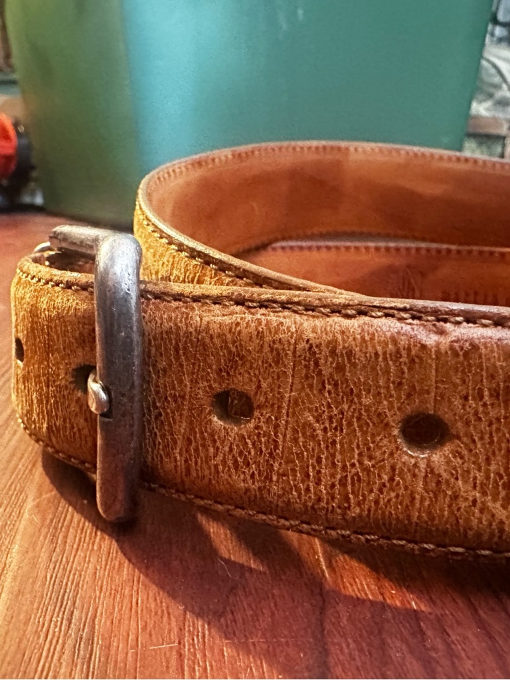 Martin Dingman Distressed Brown Leather Belt with Solid Brass Buckle